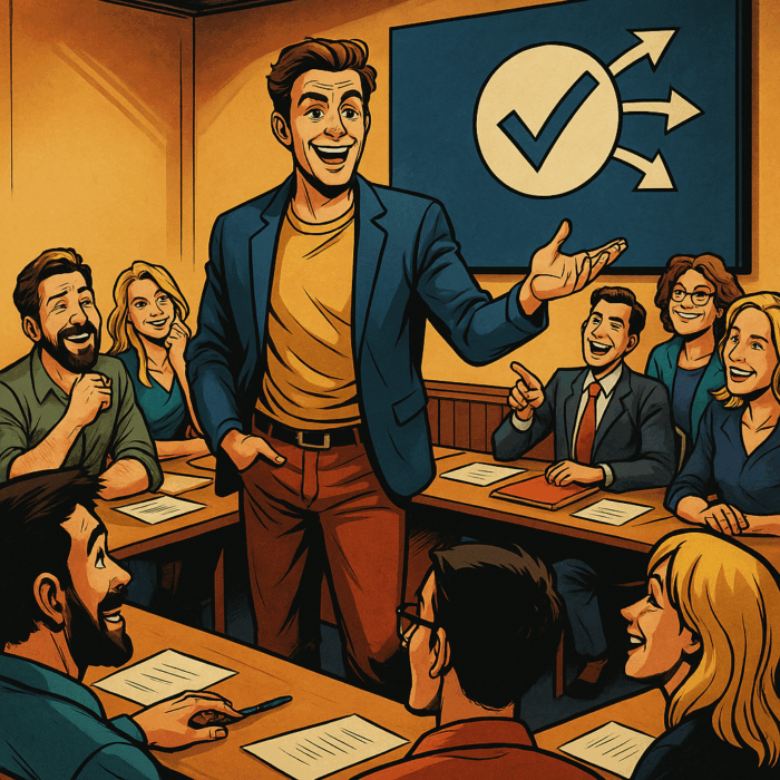 Comic-inspirierte Szene im Marvel-Stil der 2010er Jahre: Ein junger Mann spricht mit lebendiger Gestik vor einem U-förmig sitzenden Publikum in einem warm beleuchteten Raum. Die Zuhörenden lachen, nicken oder applaudieren. Im Hintergrund zeigt ein Präsentationsbildschirm ein stilisiertes Häkchen mit drei ausgehenden Pfeilen – Symbol für Entscheidungsfindung. Die Szene visualisiert einen humorvollen Rhetorikabend mit ernstem Inhalt.