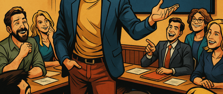 Comic-inspirierte Szene im Marvel-Stil der 2010er Jahre: Ein junger Mann spricht mit lebendiger Gestik vor einem U-förmig sitzenden Publikum in einem warm beleuchteten Raum. Die Zuhörenden lachen, nicken oder applaudieren. Im Hintergrund zeigt ein Präsentationsbildschirm ein stilisiertes Häkchen mit drei ausgehenden Pfeilen – Symbol für Entscheidungsfindung. Die Szene visualisiert einen humorvollen Rhetorikabend mit ernstem Inhalt.