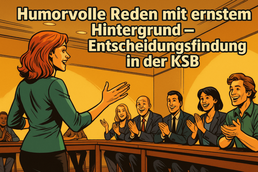 Comic-inspirierte Illustration im Marvel-Stil der 2010er: Eine rothaarige Frau spricht selbstbewusst in einem U-förmig bestuhlten Raum vor einem applaudierenden Publikum. Im Hintergrund steht in großer Schrift der Veranstaltungstitel: „Humorvolle Reden mit ernstem Hintergrund – Entscheidungsfindung in der KSB“. Die Szene vermittelt eine lebendige Clubatmosphäre mit Fokus auf Rhetorik, Zuhören und gegenseitiger Wertschätzung.