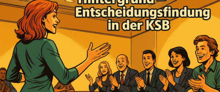 Comic-inspirierte Illustration im Marvel-Stil der 2010er: Eine rothaarige Frau spricht selbstbewusst in einem U-förmig bestuhlten Raum vor einem applaudierenden Publikum. Im Hintergrund steht in großer Schrift der Veranstaltungstitel: „Humorvolle Reden mit ernstem Hintergrund – Entscheidungsfindung in der KSB“. Die Szene vermittelt eine lebendige Clubatmosphäre mit Fokus auf Rhetorik, Zuhören und gegenseitiger Wertschätzung.