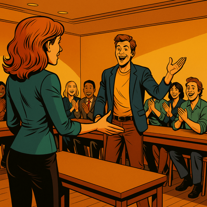 Comic-inspirierte Szene im Marvel-Stil der 2010er: Eine Frau mit roten Haaren moderiert und richtet die Aufmerksamkeit auf einen lächelnden Redner in blauem Blazer und gelbem Shirt. Um sie herum sitzen Teilnehmende in U-Form, applaudieren und reagieren begeistert. Die Atmosphäre vermittelt Rückenwind, Gemeinschaft und Redelust im Rhetorikclub.