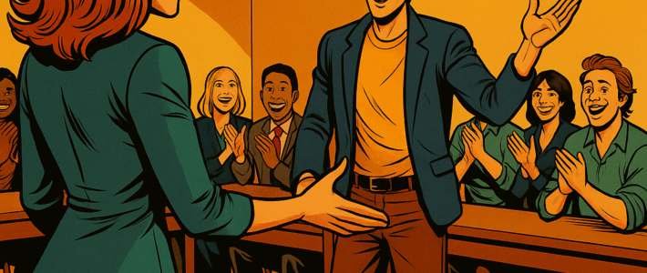 Comic-inspirierte Szene im Marvel-Stil der 2010er: Eine Frau mit roten Haaren moderiert und richtet die Aufmerksamkeit auf einen lächelnden Redner in blauem Blazer und gelbem Shirt. Um sie herum sitzen Teilnehmende in U-Form, applaudieren und reagieren begeistert. Die Atmosphäre vermittelt Rückenwind, Gemeinschaft und Redelust im Rhetorikclub.
