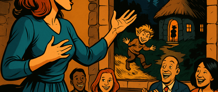 Comic-inspirierte Szene im Marvel-Stil der 2010er: Eine Frau mit roten Haaren erzählt lebendig ein Märchen, während sie vor einer kleinen Gruppe Erwachsener in einem warm beleuchteten Raum spricht. Durch ein großes Bogenfenster sieht man eine nächtliche Waldszene mit einem tanzenden Rumpelstilzchen vor einer Hütte im Mondlicht. Das Publikum reagiert lachend und applaudierend.