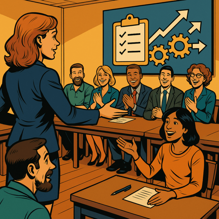 Comic-inspirierte Szene im Marvel-Stil der 2010er: Eine Frau in blauem Blazer moderiert einen Workshop, während eine Teilnehmerin lebendig spricht. Auf einer Leinwand sind Symbole für Führung – Checkliste, Zahnräder und steigende Pfeile – zu sehen. Das Publikum sitzt in U-Form, lächelt und applaudiert.