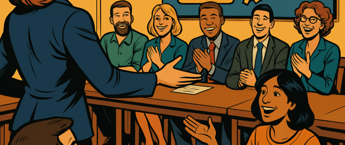 Comic-inspirierte Szene im Marvel-Stil der 2010er: Eine Frau in blauem Blazer moderiert einen Workshop, während eine Teilnehmerin lebendig spricht. Auf einer Leinwand sind Symbole für Führung – Checkliste, Zahnräder und steigende Pfeile – zu sehen. Das Publikum sitzt in U-Form, lächelt und applaudiert.
