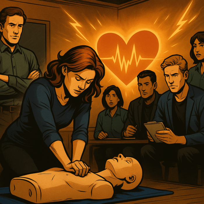 Comic-inspirierte Szene im realistischen DC-Stil der 2010er: Eine Frau führt konzentriert eine Herzdruckmassage an einer Übungspuppe durch. Um sie herum stehen mehrere Personen, die aufmerksam zusehen und Notizen machen. Im Hintergrund leuchtet ein großes Herzsymbol mit EKG-Linie, das für Leben, Kommunikation und Zusammenhalt steht.