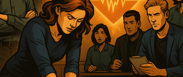 ❤️ Rückblick: Clubabend der Kölner Sprechbar – „Leben retten“ Comic-inspirierte Szene im realistischen DC-Stil der 2010er: Eine Frau führt konzentriert eine Herzdruckmassage an einer Übungspuppe durch. Um sie herum stehen mehrere Personen, die aufmerksam zusehen und Notizen machen. Im Hintergrund leuchtet ein großes Herzsymbol mit EKG-Linie, das für Leben, Kommunikation und Zusammenhalt steht.