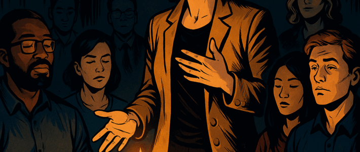 🎙️ Rückblick: „Podcast – Reden im Dunkeln“ – Ein besonderes Experiment der Kölner Sprechbar Comic-inspirierte Szene im DC-Stil der 2010er: Eine Frau spricht eindringlich vor einer Gruppe von Menschen, die im Schein mehrerer Kerzen sitzen. Einige hören aufmerksam zu, andere haben die Augen geschlossen und lassen die Worte auf sich wirken. Die Szene ist warm, ruhig und konzentriert – sie vermittelt den besonderen Moment des Zuhörens beim „Podcast-Abend“ der Kölner Sprechbar.