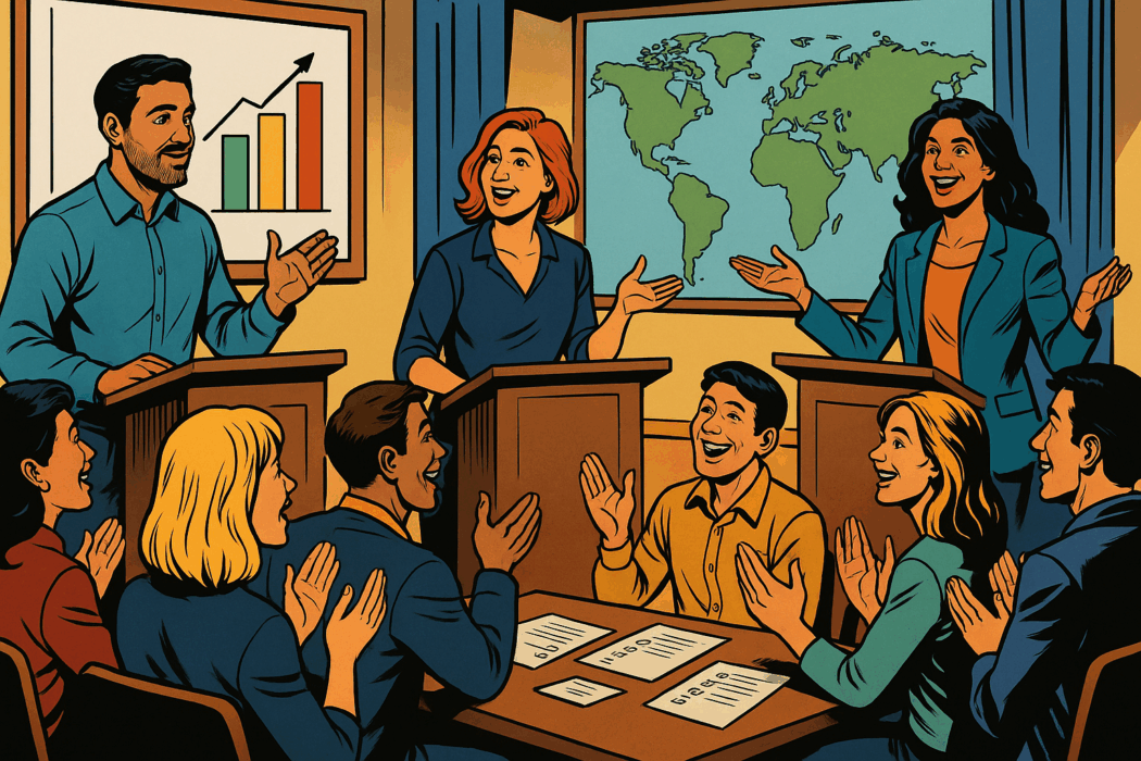 Comic-inspirierte Szene im DC-Stil der 2010er: Drei Redner:innen stehen vor einem Publikum in einem hellen Raum. Hinter ihnen sind eine Weltkarte und ein Diagramm mit steigender Kurve zu sehen. Das Publikum sitzt in U-Form, hört aufmerksam zu und applaudiert. Die Szene vermittelt Lernen, Kommunikation und Begeisterung beim Toastmasters-Abend der Kölner Sprechbar.