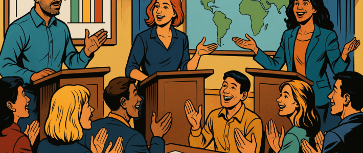 📊 Rückblick: Clubabend am 22.10.2025 – „Im Durchschnitt ganz großartig!“ Comic-inspirierte Szene im DC-Stil der 2010er: Drei Redner:innen stehen vor einem Publikum in einem hellen Raum. Hinter ihnen sind eine Weltkarte und ein Diagramm mit steigender Kurve zu sehen. Das Publikum sitzt in U-Form, hört aufmerksam zu und applaudiert. Die Szene vermittelt Lernen, Kommunikation und Begeisterung beim Toastmasters-Abend der Kölner Sprechbar.