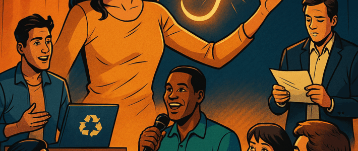 Comic-inspirierte Szene im DC-Stil der 2010er: Eine Frau steht vorn und spricht mit ausladender Geste, während hinter ihr ein leuchtendes Ohrsymbol schwebt. Drei weitere Redner – einer mit Mikrofon, einer mit Laptop und Recycling-Symbol, einer mit Notizzetteln – interagieren mit einem aufmerksamen Publikum, das lächelt und applaudiert. Die warme Beleuchtung schafft eine inspirierende Atmosphäre über Kommunikation, Zuhören und Redelust.