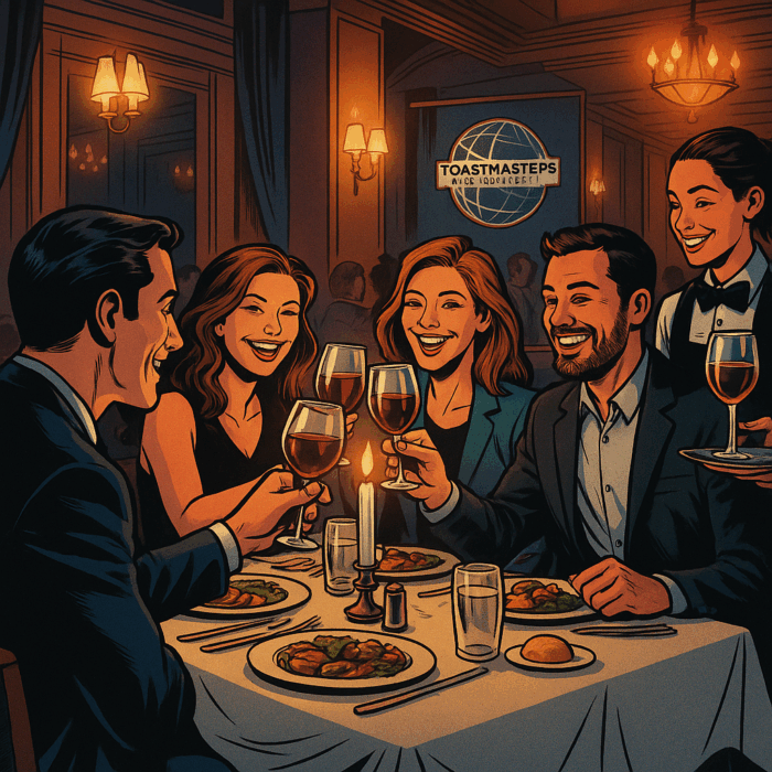 Comic-inspirierte Szene im DC-Stil der 2010er: Vier Personen sitzen in einem elegant beleuchteten Restaurant an einem festlich gedeckten Tisch, stoßen mit Weingläsern an und lachen. Eine Kellnerin serviert Getränke, im Hintergrund ist ein Toastmasters-Banner sichtbar. Die Stimmung wirkt warm, feierlich und voller Gemeinschaft.