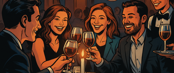 Comic-inspirierte Szene im DC-Stil der 2010er: Vier Personen sitzen in einem elegant beleuchteten Restaurant an einem festlich gedeckten Tisch, stoßen mit Weingläsern an und lachen. Eine Kellnerin serviert Getränke, im Hintergrund ist ein Toastmasters-Banner sichtbar. Die Stimmung wirkt warm, feierlich und voller Gemeinschaft.