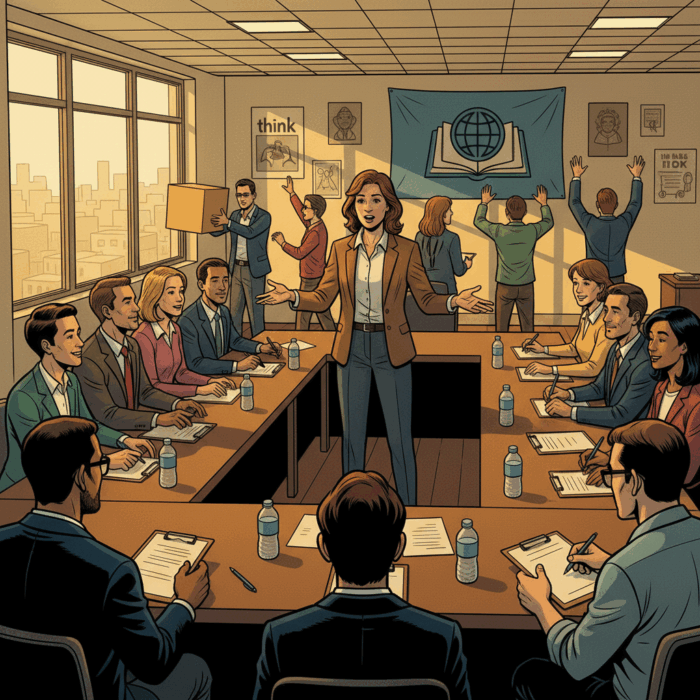 Comic-Illustration im modernen DC-Stil: Eine Person hält eine spontane Rede vor einer Gruppe, die an einem U-förmigen Tisch sitzt und Bewertungsbögen nutzt. Im Hintergrund üben Teilnehmende pantomimische Redewendungen. Die Szene wirkt lebendig, farbintensiv und zeigt einen aktiven Stegreifreden-Workshop.