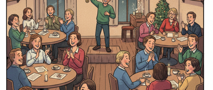 A festive, warm DC-comic-inspired 2020s illustration of a Toastmasters club Christmas evening in a community room. Soft candlelight and fairy lights, subtle Christmas decorations (pine branches, ornaments), and a diverse group of adults smiling and interacting. One person moderates a fun quiz with teams seated at tables, others applaud while medals are handed out. Another scene shows impromptu speaking with two moderators guiding speakers. A gift exchange moment with mysterious wrapped presents and one exceptionally creative package. Cozy snacks and tea on a side table, including a bowl of fruit. Atmosphere: joyful, inclusive, warm, energetic. No text, no speech bubbles, no logos.