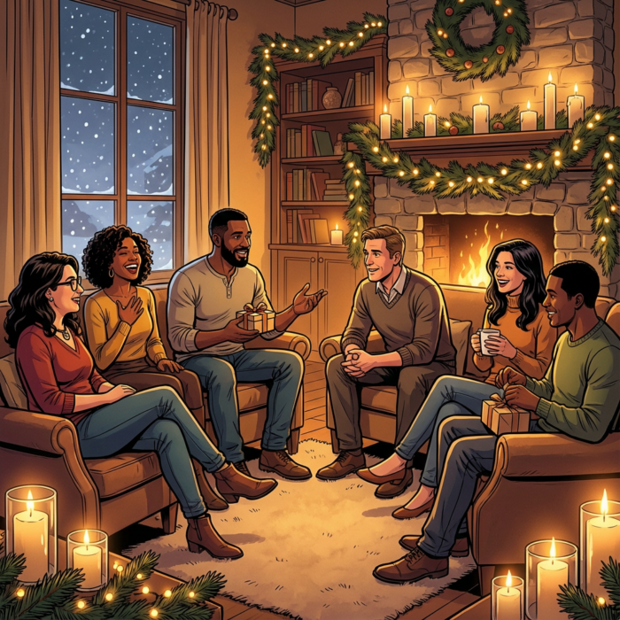 Sechs Personen sitzen gemütlich im Wohnzimmer um einen Kamin. Kerzen, Lichterketten und Tannengirlanden sorgen für weihnachtliche Stimmung. Draußen fällt Schnee. Die Gruppe lacht, unterhält sich und hält Geschenke und Tassen in den Händen.