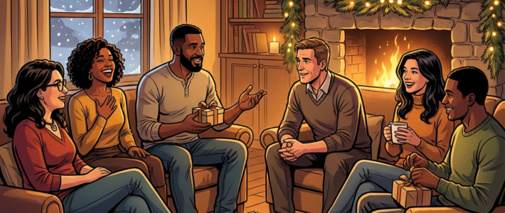 Sechs Personen sitzen gemütlich im Wohnzimmer um einen Kamin. Kerzen, Lichterketten und Tannengirlanden sorgen für weihnachtliche Stimmung. Draußen fällt Schnee. Die Gruppe lacht, unterhält sich und hält Geschenke und Tassen in den Händen.