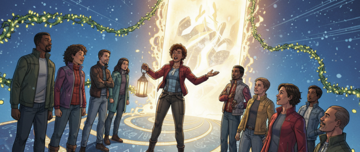 Comic-Illustration im modernen DC-Stil: Eine diverse Gruppe von Erwachsenen steht auf einem spiralförmigen, leuchtenden Weg, der die Hero’s Journey symbolisiert. Eine Person hält eine Rede, andere hören aufmerksam zu. Im Hintergrund öffnet sich ein helles Portal als Zeichen für Transformation und persönliche Weiterentwicklung. Die Szene wirkt energiegeladen, farbintensiv und heroisch.