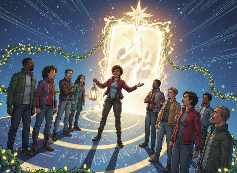 Comic-Illustration im modernen DC-Stil: Eine diverse Gruppe von Erwachsenen steht auf einem spiralförmigen, leuchtenden Weg, der die Hero’s Journey symbolisiert. Eine Person hält eine Rede, andere hören aufmerksam zu. Im Hintergrund öffnet sich ein helles Portal als Zeichen für Transformation und persönliche Weiterentwicklung. Die Szene wirkt energiegeladen, farbintensiv und heroisch.