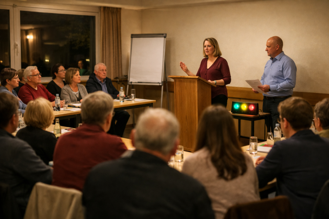 Photorealistic evening scene inside a German community centre meeting room in Cologne, warm indoor lighting. Toastmasters club meeting with about 19 people (mixed ages) seated in a U-shape at tables, attentive and focused. One speaker at a lectern giving a prepared speech, a Toastmaster standing slightly aside with agenda notes. Visible timer area with subtle light signals (green/yellow/red) but no logos or readable text. Friendly, respectful atmosphere, people listening seriously (not cheering), natural candid event-photo style, shallow depth of field, high detail, realistic faces, no brand names, no captions, no speech bubbles, no text.