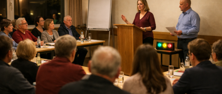 Photorealistic evening scene inside a German community centre meeting room in Cologne, warm indoor lighting. Toastmasters club meeting with about 19 people (mixed ages) seated in a U-shape at tables, attentive and focused. One speaker at a lectern giving a prepared speech, a Toastmaster standing slightly aside with agenda notes. Visible timer area with subtle light signals (green/yellow/red) but no logos or readable text. Friendly, respectful atmosphere, people listening seriously (not cheering), natural candid event-photo style, shallow depth of field, high detail, realistic faces, no brand names, no captions, no speech bubbles, no text.