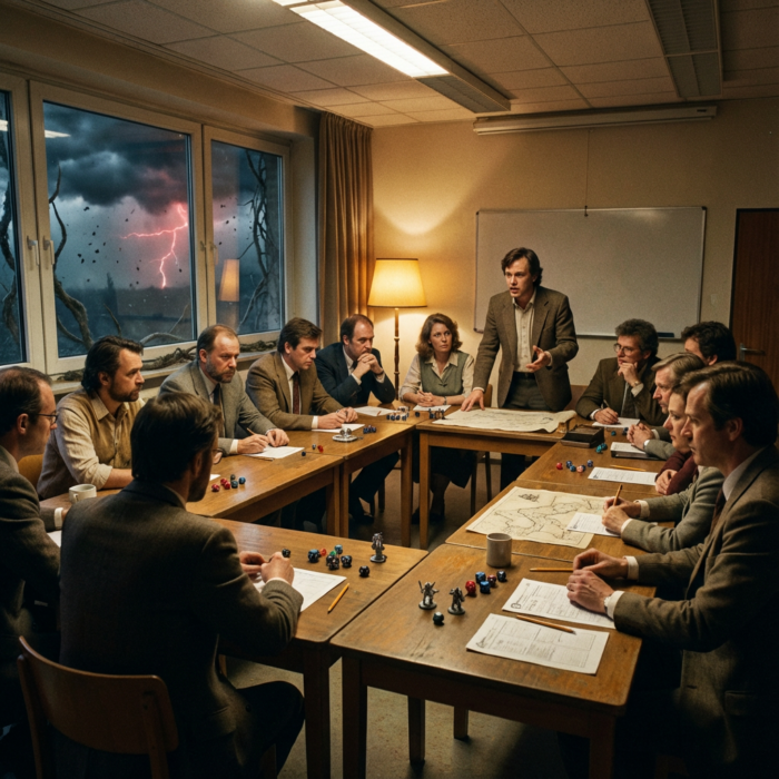 In einem Besprechungsraum sitzen mehrere Personen an zusammengestellten Holztischen. Vor ihnen liegen Blätter, Stifte, Würfel und kleine Spielfiguren. Ein Mann steht am Tisch und spricht gestikulierend. Eine Stehlampe leuchtet warm. Durch die Fenster sieht man Sturmwolken und roten Blitz.