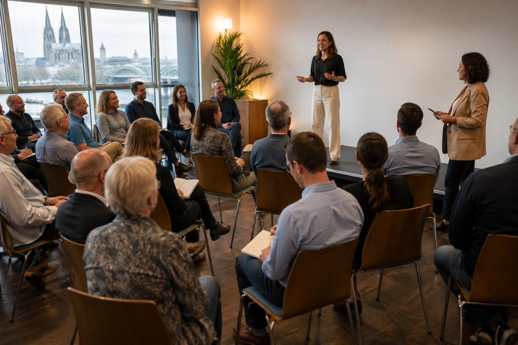 Fotorealistisches Bild eines lebendigen Toastmasters-Clubabends in einem hellen Seminarraum in Köln. Eine Speakerin steht auf einer kleinen Bühne und spricht frei vor einer aufmerksam zuhörenden Gruppe erwachsener Teilnehmender. Einige Personen sitzen halbkreisförmig im Publikum und machen Notizen. Rechts steht eine Moderatorin mit Karten in der Hand, passend zu einer Table-Topics-Runde. Die Atmosphäre wirkt warm, respektvoll und konzentriert. Durch große Fenster ist im Hintergrund der Kölner Dom zu sehen.