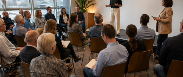 Fotorealistisches Bild eines lebendigen Toastmasters-Clubabends in einem hellen Seminarraum in Köln. Eine Speakerin steht auf einer kleinen Bühne und spricht frei vor einer aufmerksam zuhörenden Gruppe erwachsener Teilnehmender. Einige Personen sitzen halbkreisförmig im Publikum und machen Notizen. Rechts steht eine Moderatorin mit Karten in der Hand, passend zu einer Table-Topics-Runde. Die Atmosphäre wirkt warm, respektvoll und konzentriert. Durch große Fenster ist im Hintergrund der Kölner Dom zu sehen.