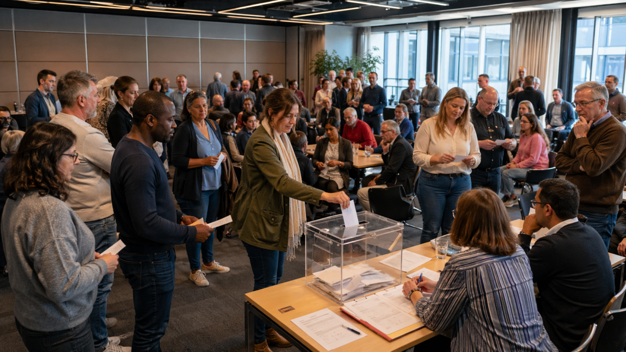 Großer Besprechungsraum mit vielen Menschen. In der Mitte wirft eine Frau einen Stimmzettel in eine transparente Wahlurne. Weitere Personen stehen oder sitzen mit Zetteln in der Hand. Vorne sitzt ein Tisch mit Wahlhelfer:innen und Unterlagen.