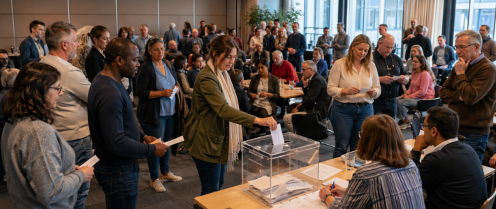 Großer Besprechungsraum mit vielen Menschen. In der Mitte wirft eine Frau einen Stimmzettel in eine transparente Wahlurne. Weitere Personen stehen oder sitzen mit Zetteln in der Hand. Vorne sitzt ein Tisch mit Wahlhelfer:innen und Unterlagen.