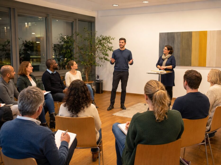 Mehrere erwachsene Personen sitzen in einem hellen Seminarraum im Halbkreis. In der Mitte hält ein Mann eine Stegreifrede. Rechts steht eine Toastmasterin an einem kleinen Tisch und leitet die Übung. Einige Teilnehmende machen Notizen. Die Atmosphäre wirkt aufmerksam, freundlich und konzentriert.