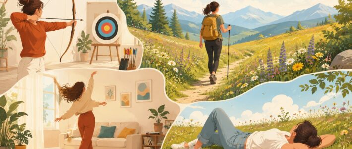 Freizeitaktivitäten Collage aus vier Freizeitaktivitäten: Bogenschießen im Wohnzimmer, Wandern auf einer Blumenwiese, Tanzen im Wohnzimmer und Entspannen auf einer Blumenwiese unter blauem Himmel.