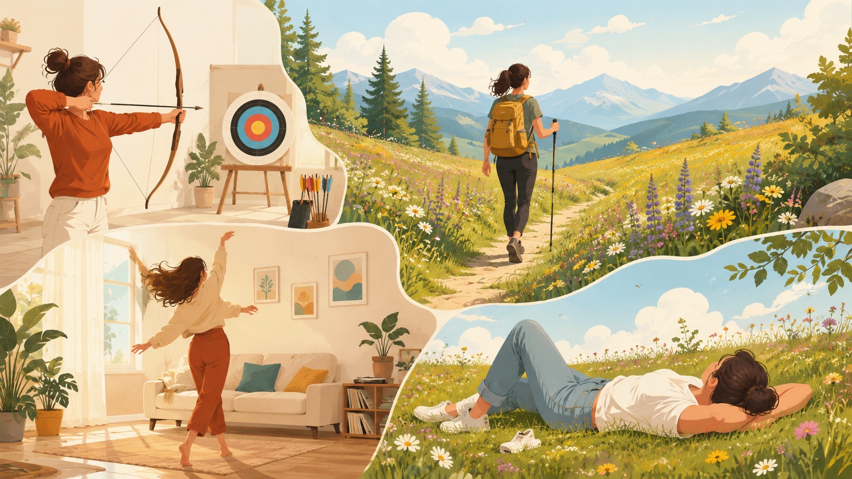 Collage aus vier Freizeitaktivitäten: Bogenschießen im Wohnzimmer, Wandern auf einer Blumenwiese, Tanzen im Wohnzimmer und Entspannen auf einer Blumenwiese unter blauem Himmel.