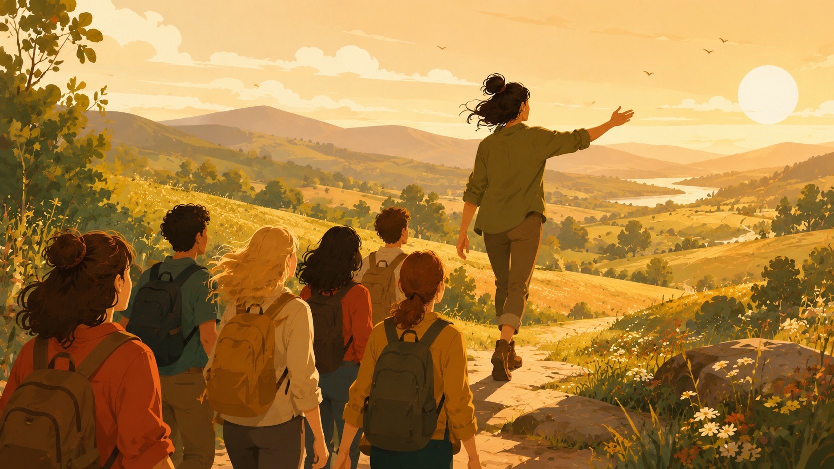 Person führt eine Gruppe selbstbewusst durch eine offene Landschaft – ohne Abzeichen oder Titel, nur durch natürliche Ausstrahlung und offene Körpersprache.