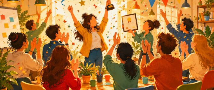 Herzlichen Glückwunsch! Gruppe von Menschen feiert gemeinsam in einem hellen Raum – Konfetti fliegt, jemand hält eine Trophäe, alle applaudieren.