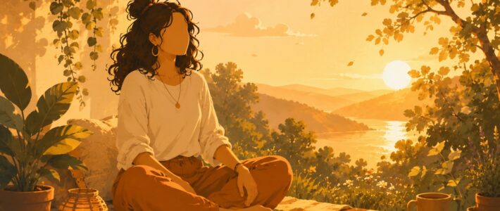 Person sitzt in einem ruhigen Moment der Stille, umgeben von sanften Naturelementen und warmem Sommerlicht – eine Illustration von Achtsamkeit und Präsenz.