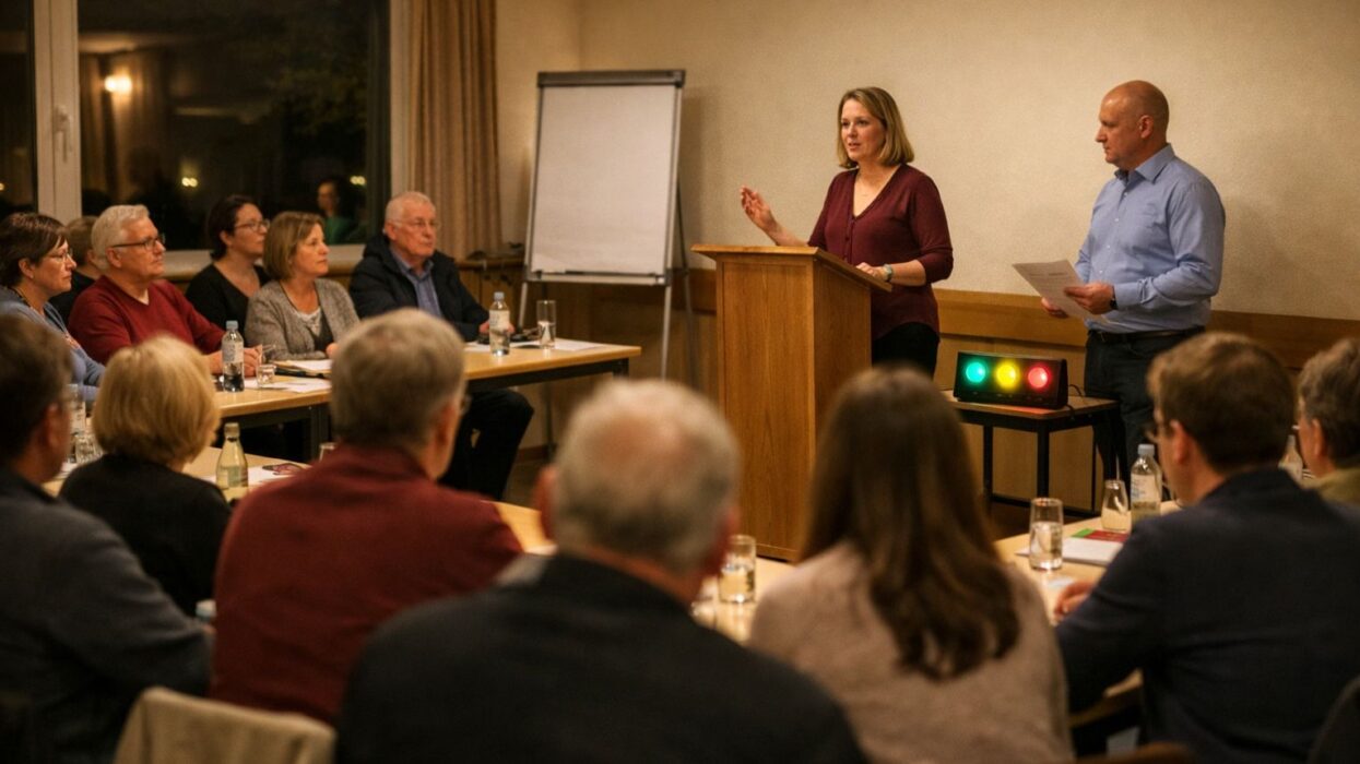 Eine Frau hält an einem Rednerpult eine Rede vor einer sitzenden Zuhörergruppe in einem warm beleuchteten Raum; daneben steht ein Mann mit Unterlagen.