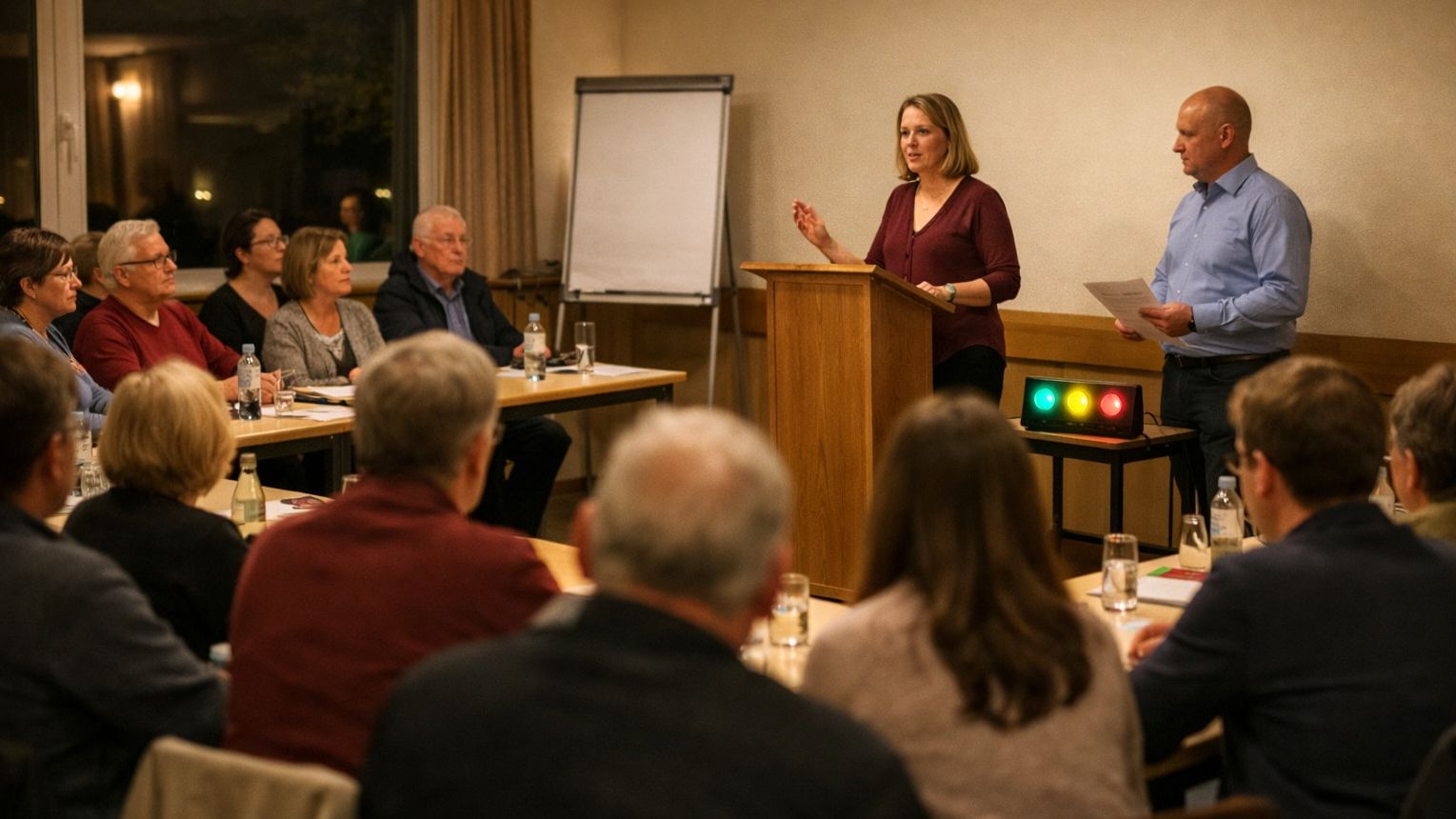 Photorealistic evening scene inside a German community centre meeting room in Cologne, warm indoor lighting. Toastmasters club meeting with about 19 people (mixed ages) seated in a U-shape at tables, attentive and focused. One speaker at a lectern giving a prepared speech, a Toastmaster standing slightly aside with agenda notes. Visible timer area with subtle light signals (green/yellow/red) but no logos or readable text. Friendly, respectful atmosphere, people listening seriously (not cheering), natural candid event-photo style, shallow depth of field, high detail, realistic faces, no brand names, no captions, no speech bubbles, no text.