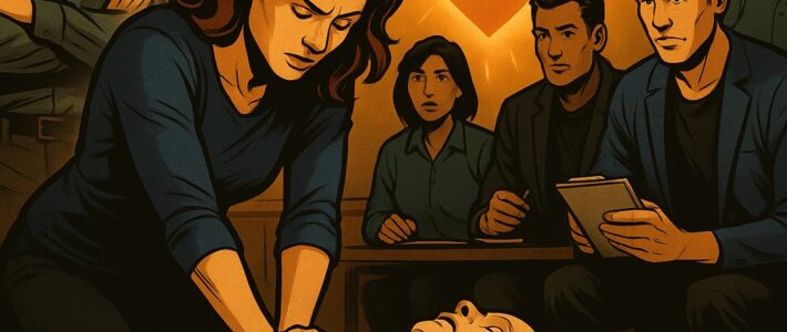 Illustration einer Herzdruckmassage an einer Übungspuppe beim Clubabend Leben retten der Kölner Sprechbar.