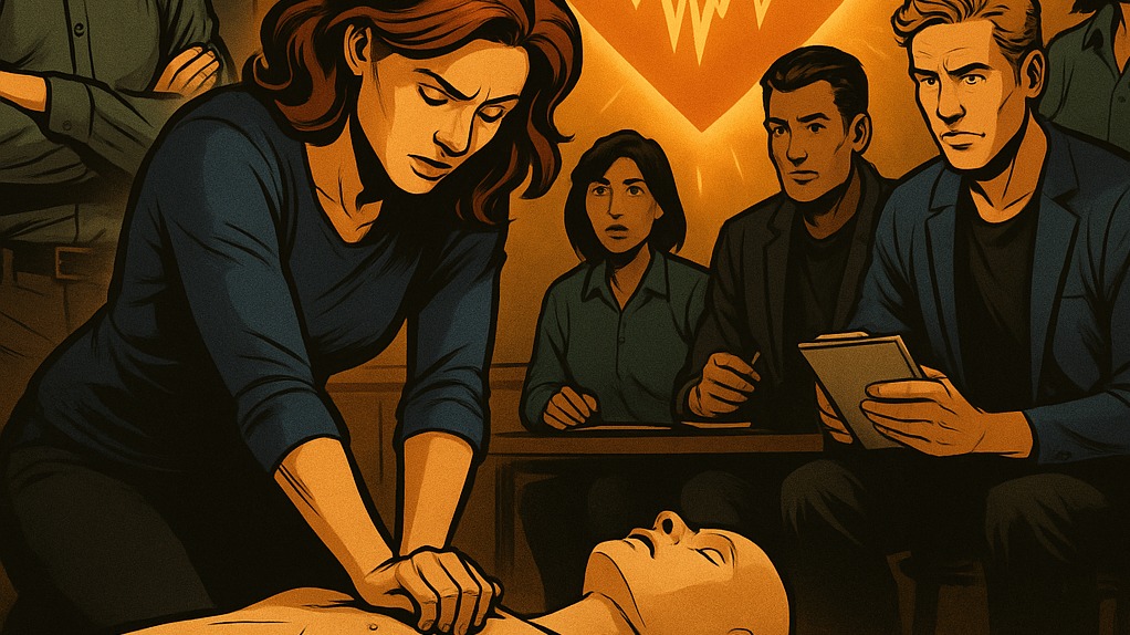 Illustration einer Herzdruckmassage an einer Übungspuppe beim Clubabend Leben retten der Kölner Sprechbar.