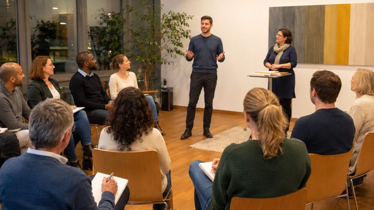 Mehrere erwachsene Personen sitzen in einem hellen Seminarraum im Halbkreis. In der Mitte hält ein Mann eine Stegreifrede. Rechts steht eine Toastmasterin an einem kleinen Tisch und leitet die Übung. Einige Teilnehmende machen Notizen. Die Atmosphäre wirkt aufmerksam, freundlich und konzentriert.