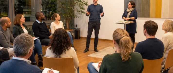 Rückblick auf den Clubabend der Kölner Sprechbar am 13.05.2026 Mehrere erwachsene Personen sitzen in einem hellen Seminarraum im Halbkreis. In der Mitte hält ein Mann eine Stegreifrede. Rechts steht eine Toastmasterin an einem kleinen Tisch und leitet die Übung. Einige Teilnehmende machen Notizen. Die Atmosphäre wirkt aufmerksam, freundlich und konzentriert.