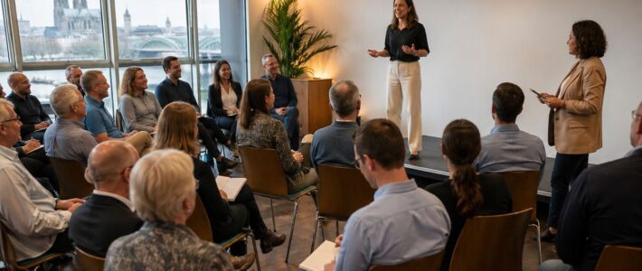 KSB Toastmasters – 22.04.2026 – Rückblick auf einen inspirierenden Abend ✨ Rednerin auf einer kleinen Bühne beim Clubabend der Kölner Sprechbar am 22.04.2026, vor sitzendem Publikum, im Hintergrund der Kölner Dom durchs Fenster.