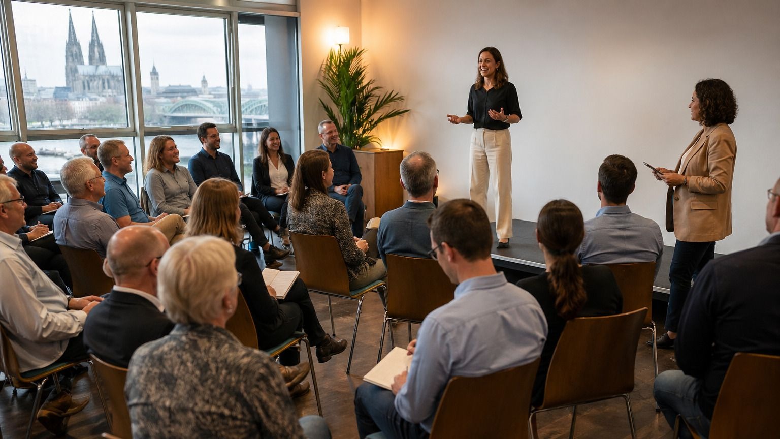 Fotorealistisches Bild eines lebendigen Toastmasters-Clubabends in einem hellen Seminarraum in Köln. Eine Speakerin steht auf einer kleinen Bühne und spricht frei vor einer aufmerksam zuhörenden Gruppe erwachsener Teilnehmender. Einige Personen sitzen halbkreisförmig im Publikum und machen Notizen. Rechts steht eine Moderatorin mit Karten in der Hand, passend zu einer Table-Topics-Runde. Die Atmosphäre wirkt warm, respektvoll und konzentriert. Durch große Fenster ist im Hintergrund der Kölner Dom zu sehen.