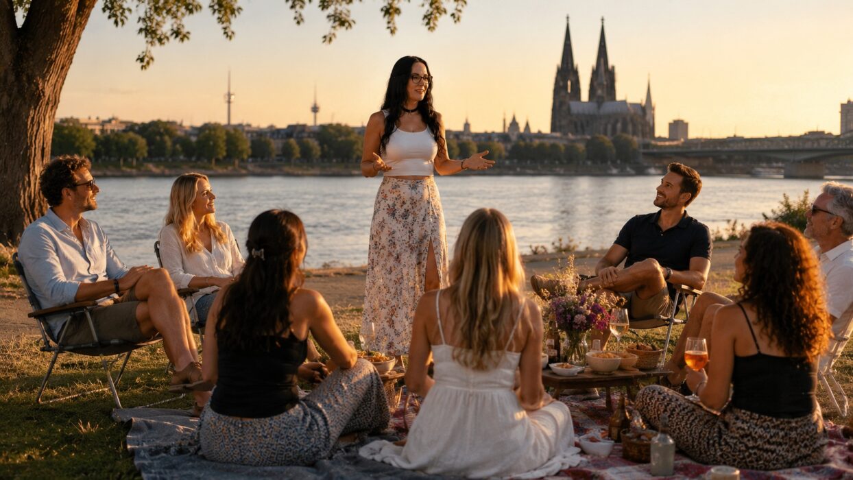 Eine Frau mit langen dunklen Haaren und Brille hält am Rheinufer eine Rede vor einer auf Picknickdecken und Klappstühlen sitzenden Gruppe; im Hintergrund der Rhein und der Kölner Dom im Abendlicht.