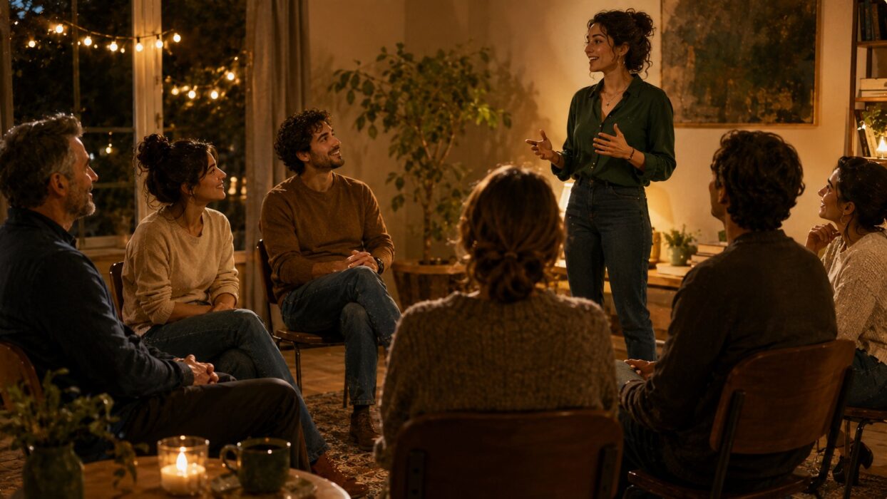 Sieben Personen sitzen und stehen in gemütlicher Runde in einem Wohnzimmer mit Kerzenlicht, eine Frau spricht stehend zur Gruppe.