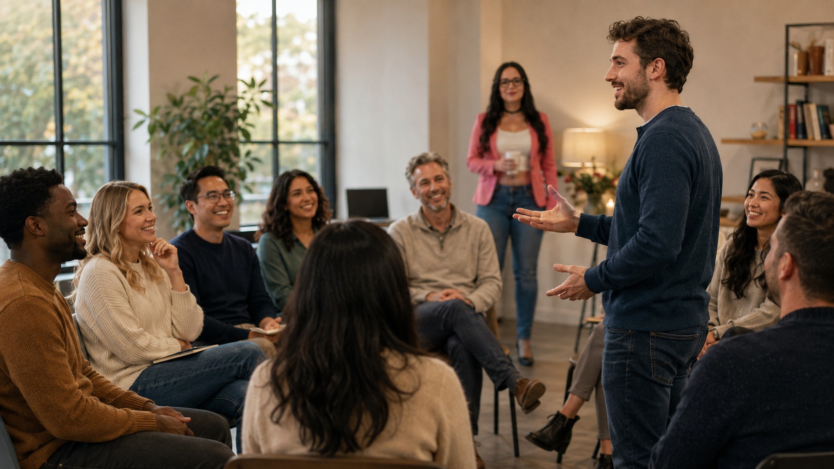 Members of Kölner Sprechbar at an English-language club meeting in March 2016 – a speaker presenting to an engaged, smiling audience.
