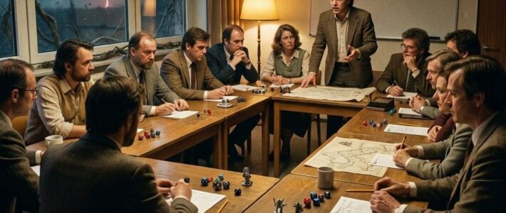Kölner Sprechbar (Köln) – Meeting Minutes | English Meeting | 7 Jan 2026 (“Stranger Things”) 🎤 Several Toastmasters members sit around joined wooden tables with papers and small game figures; a man stands and speaks, a warm lamp glows, and a stormy red sky shows through the windows.