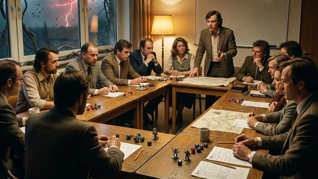 Several Toastmasters members sit around joined wooden tables with papers and small game figures; a man stands and speaks, a warm lamp glows, and a stormy red sky shows through the windows.