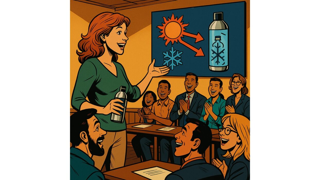 Illustration des englischen Clubabends der Kölner Sprechbar mit einer Rednerin, Publikum und einer Präsentation über Temperatur und Isolierung.